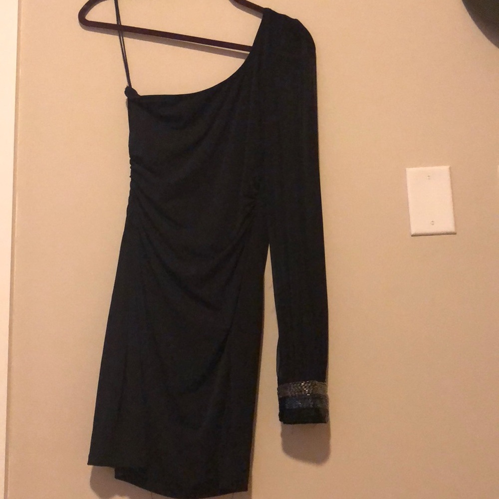 Black one shoulder mini dress with sleeve detail